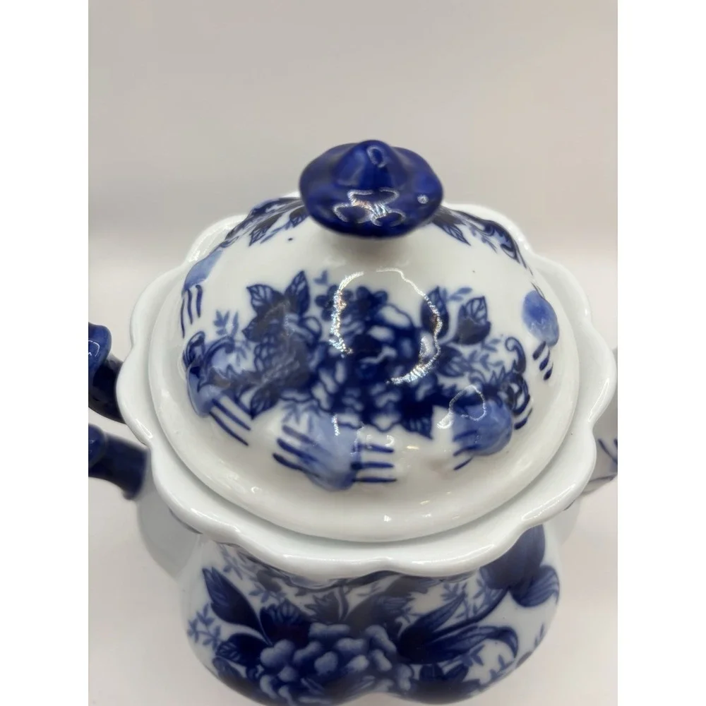 Tea Pot Scalloped Rim Flowered Porcelain, Cobalt Blue And White Cottage Granny